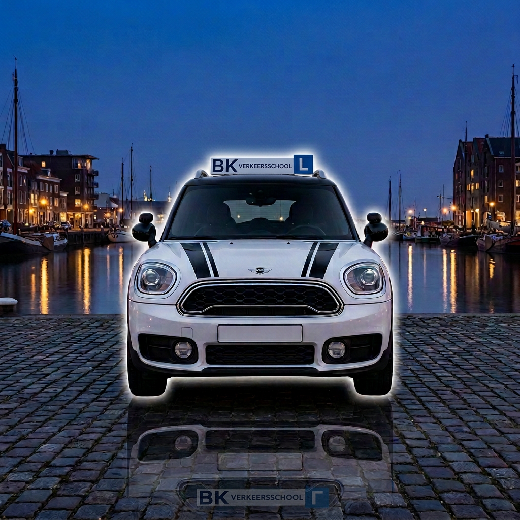 Mini Countryman vooraanzicht met BK Verkeersschool dakbord